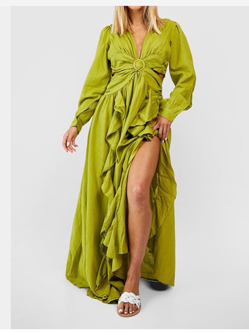 Boohoo Olive-Green Ruffle Maxi Dress with Ring Front